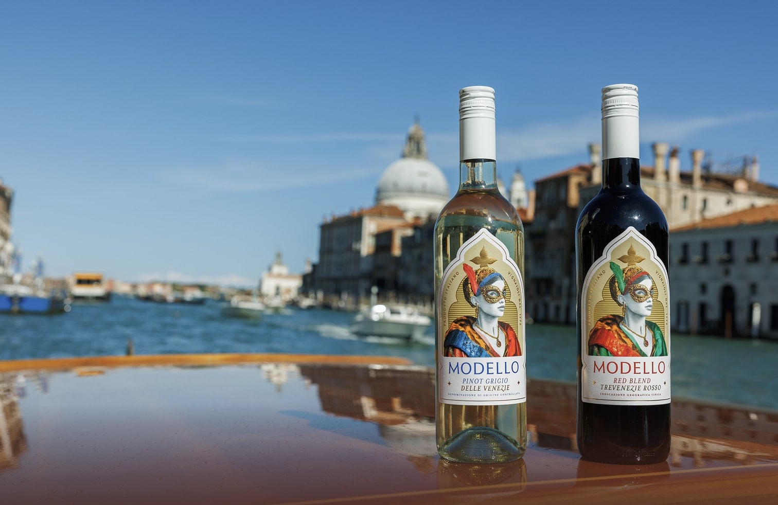 Modello wine bottles on a boat in Venice, Italy.